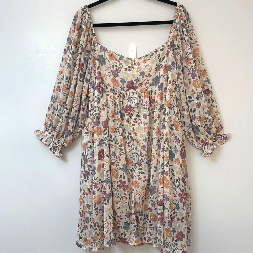 Sweet Lemon Floral Swiss Dot Babydoll Mini Dress w/ Pockets 2X Cottagecore - Picture 5 of 11